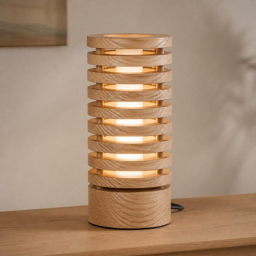 Stacked Ash Ring Lamp shown as an original square photorealistic ash wood lamp with authentic grain, warm diffused light, and a short dark power cord