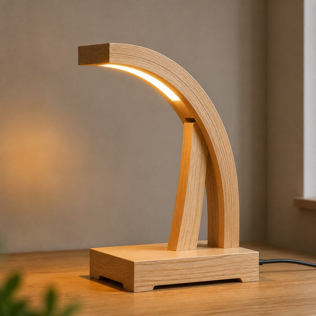 Laminated Ash Arch Lamp shown as an original square photorealistic ash wood lamp with authentic grain, warm diffused light, and a short dark power cord