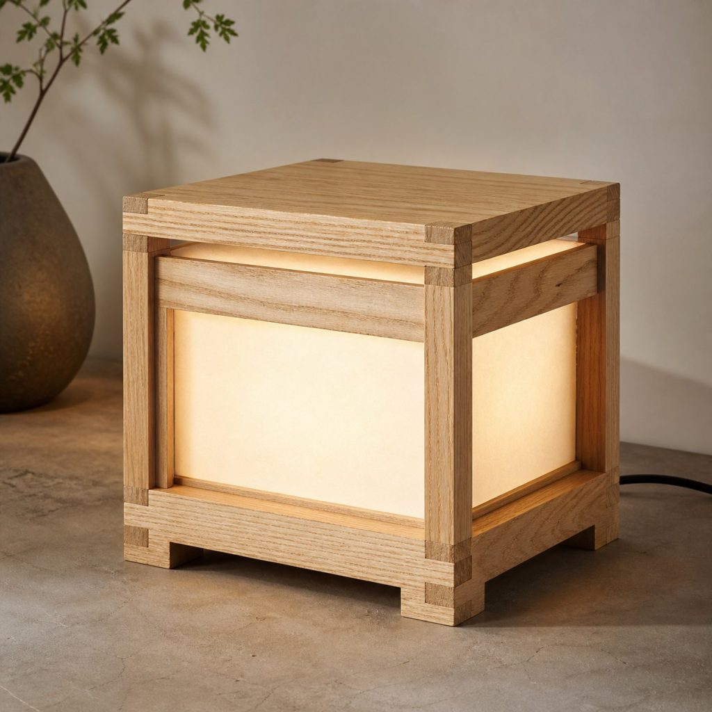 Box-Jointed Ash Cube Lamp shown as an original square photorealistic ash wood lamp with authentic grain, warm diffused light, and a short dark power cord