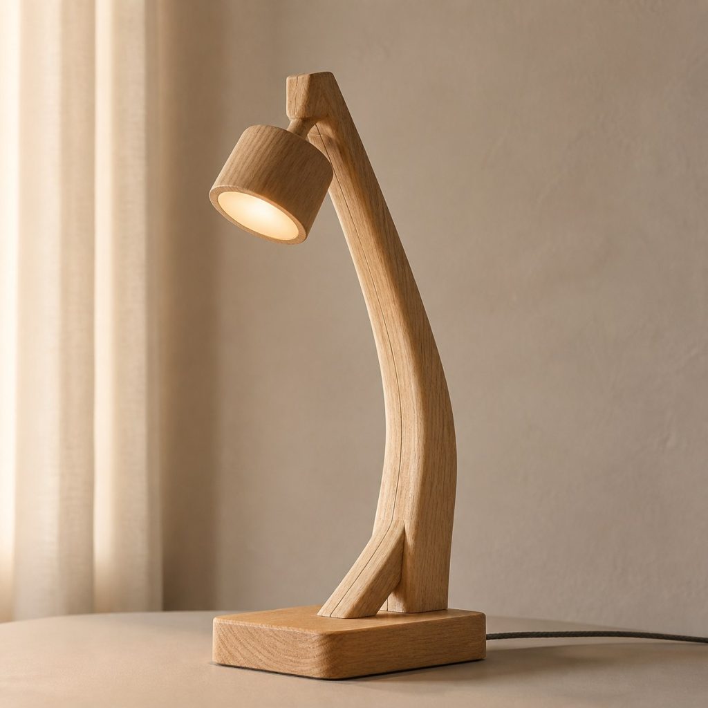 Ash Branch Reading Lamp shown as an original square photorealistic ash wood lamp with authentic grain, warm diffused light, and a short dark power cord