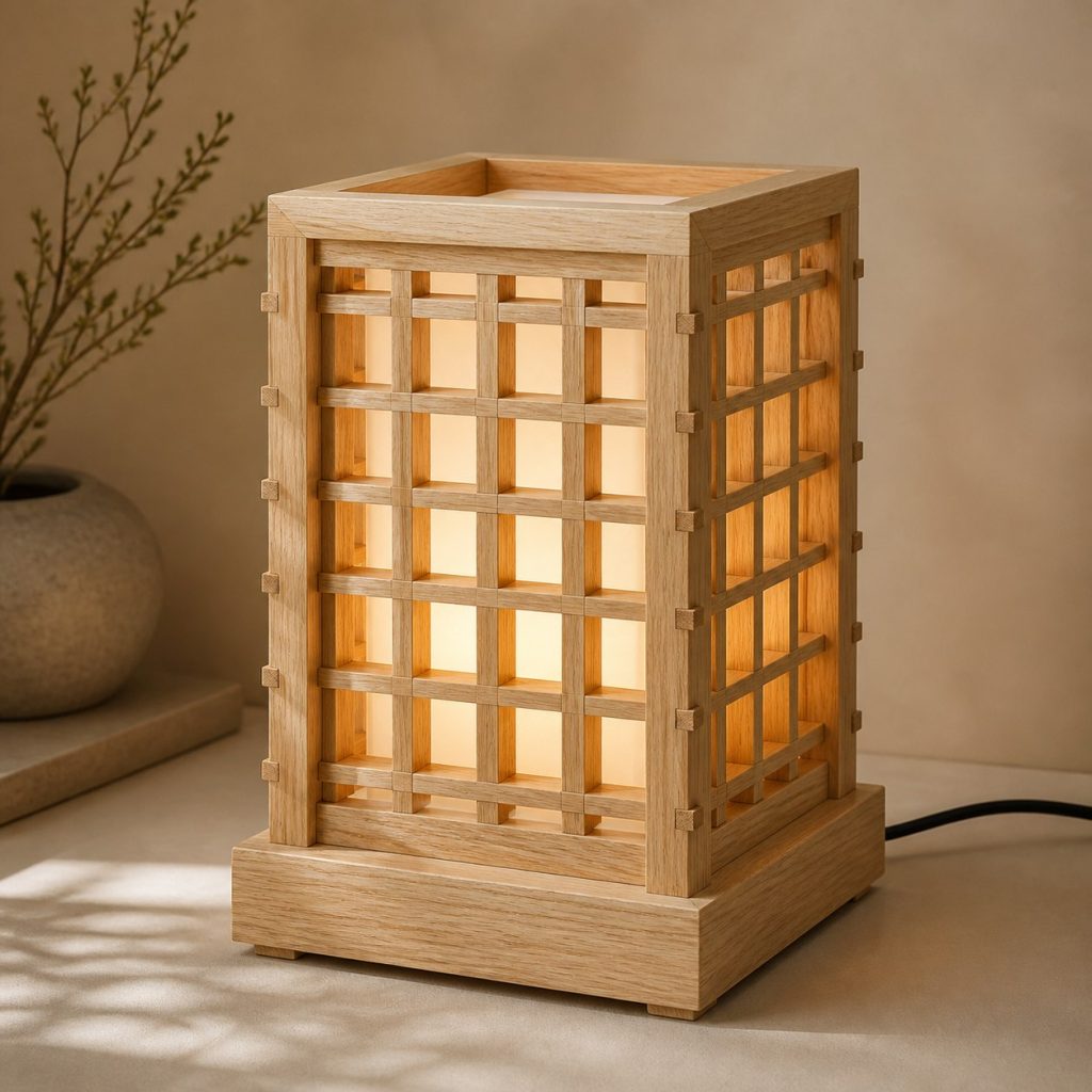 Ash Lattice Lamp shown as an original square photorealistic ash wood lamp with authentic grain, warm diffused light, and a short dark power cord