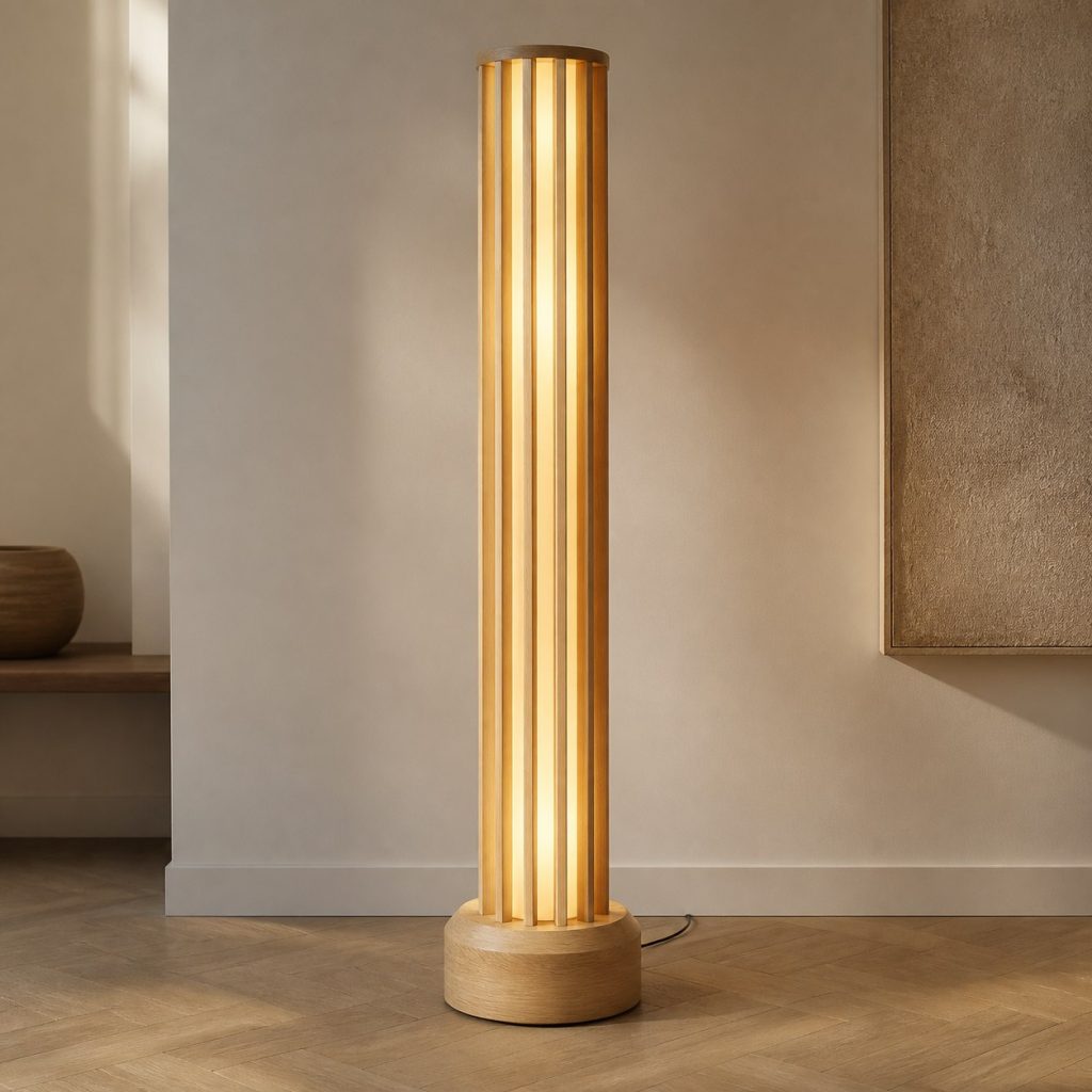 Ash Column Floor Lamp shown as an original square photorealistic ash wood lamp with authentic grain, warm diffused light, and a short dark power cord