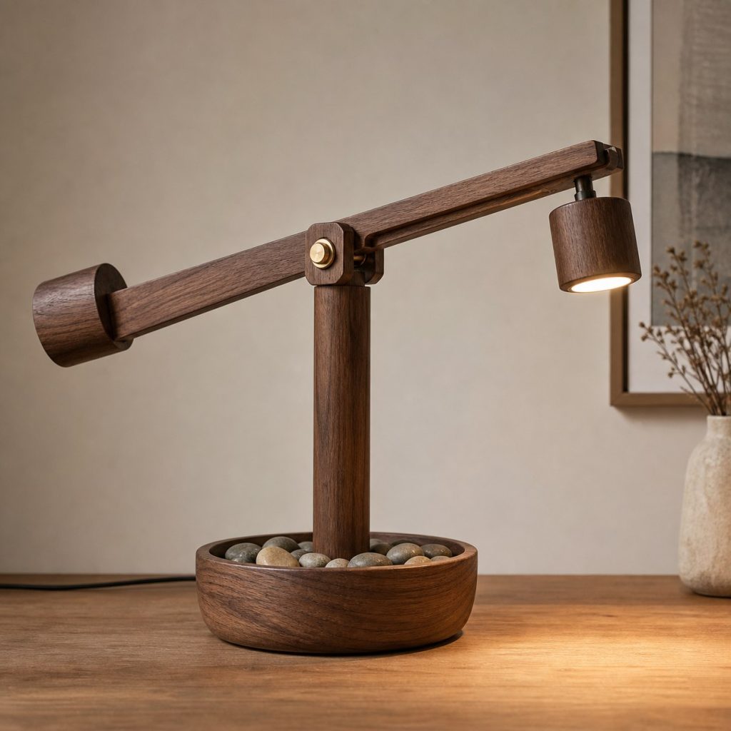 Walnut Counterweighted Desk Lamp shown as an original square photorealistic balance arm wooden lamp with believable joinery, warm diffused light, and protected hardware