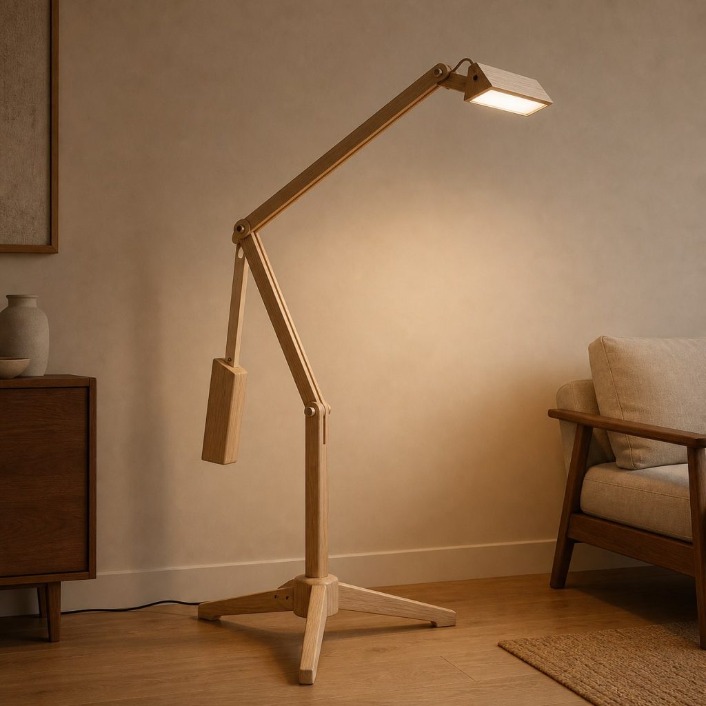 Ash Double-Arm Floor Lamp shown as an original square photorealistic balance arm wooden lamp with believable joinery, warm diffused light, and protected hardware