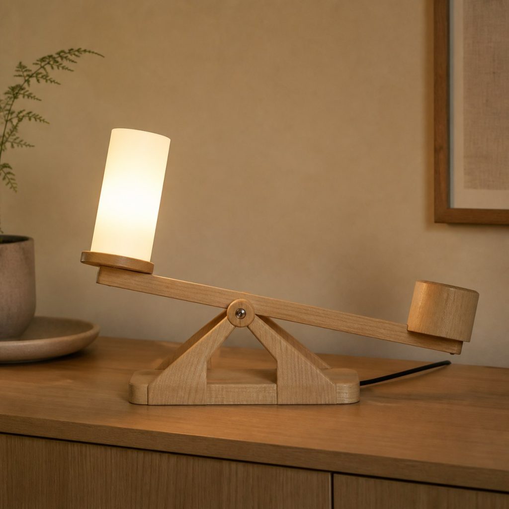 Maple Seesaw Table Lamp shown as an original square photorealistic balance arm wooden lamp with believable joinery, warm diffused light, and protected hardware