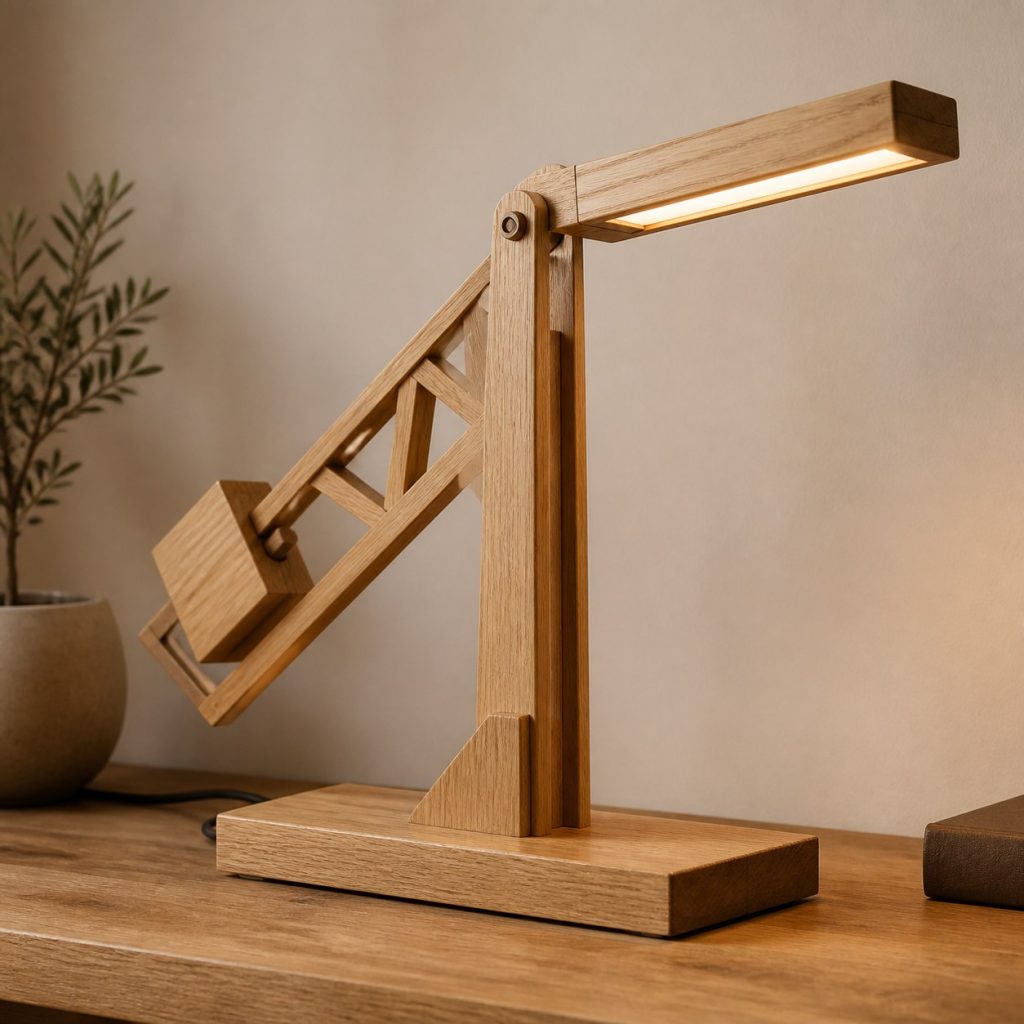 Oak Cantilever Shelf Lamp shown as an original square photorealistic balance arm wooden lamp with believable joinery, warm diffused light, and protected hardware