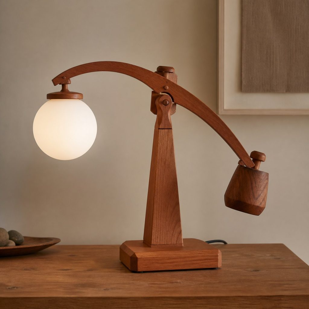 Cherry Balance-Scale Lamp shown as an original square photorealistic balance arm wooden lamp with believable joinery, warm diffused light, and protected hardware