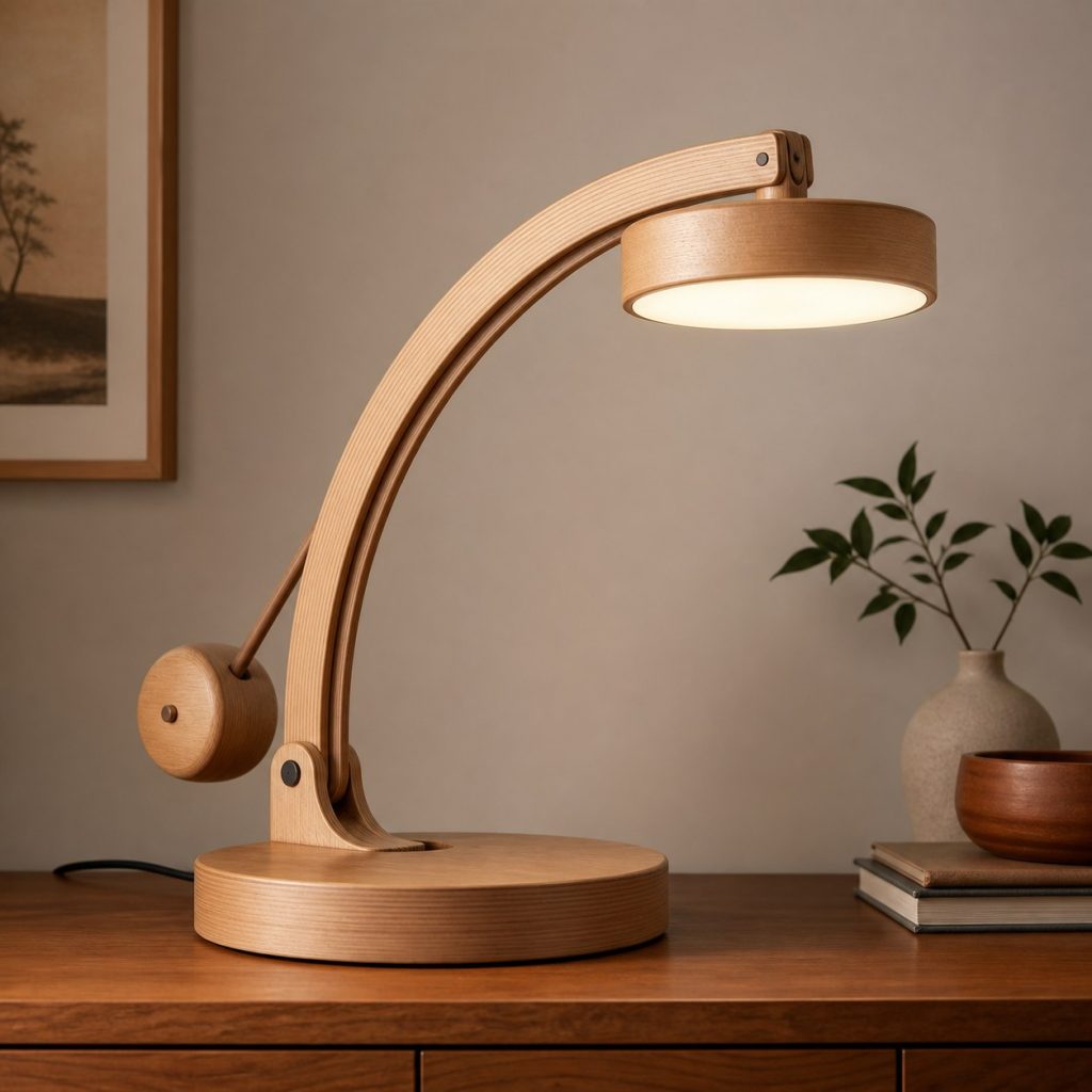 Laminated Birch Arc Lamp shown as an original square photorealistic balance arm wooden lamp with believable joinery, warm diffused light, and protected hardware