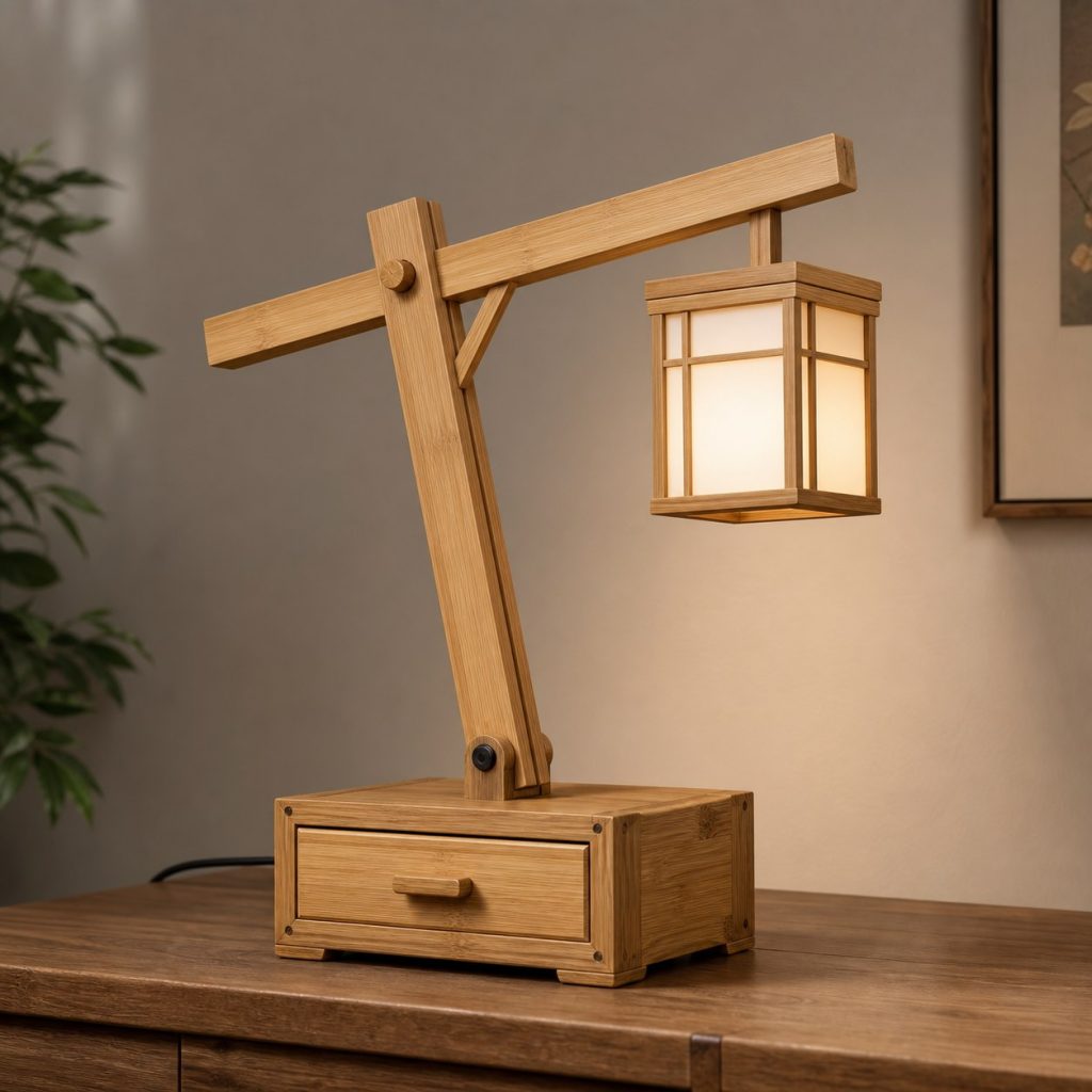 Bamboo Balance-Beam Bedside Lamp shown as an original square photorealistic balance arm wooden lamp with believable joinery, warm diffused light, and protected hardware