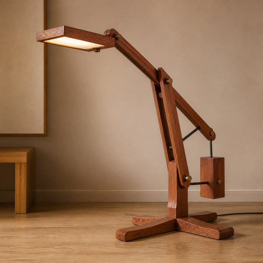 Sapele Crane Reading Lamp shown as an original square photorealistic balance arm wooden lamp with believable joinery, warm diffused light, and protected hardware