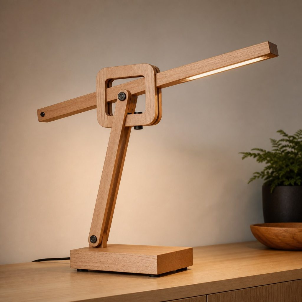 Beech Torsion-Box Arm Lamp shown as an original square photorealistic balance arm wooden lamp with believable joinery, warm diffused light, and protected hardware