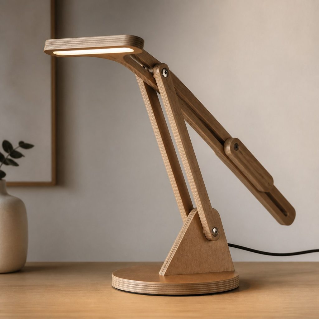 Layered Plywood Balance Lamp shown as an original square photorealistic balance arm wooden lamp with believable joinery, warm diffused light, and protected hardware