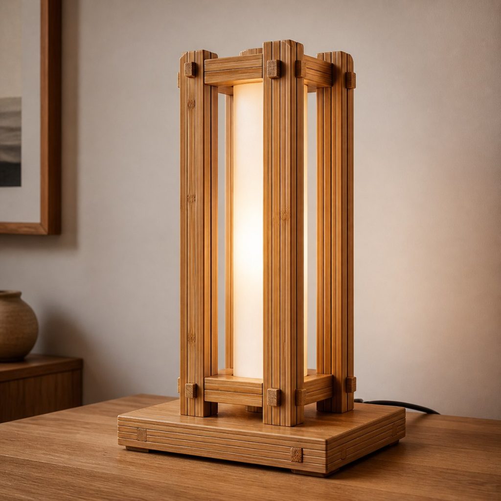 Laminated Bamboo Frame Diffuser Table Lamp shown as an original square photorealistic laminated bamboo lamp with authentic grain, warm diffused light, and a short dark power cord
