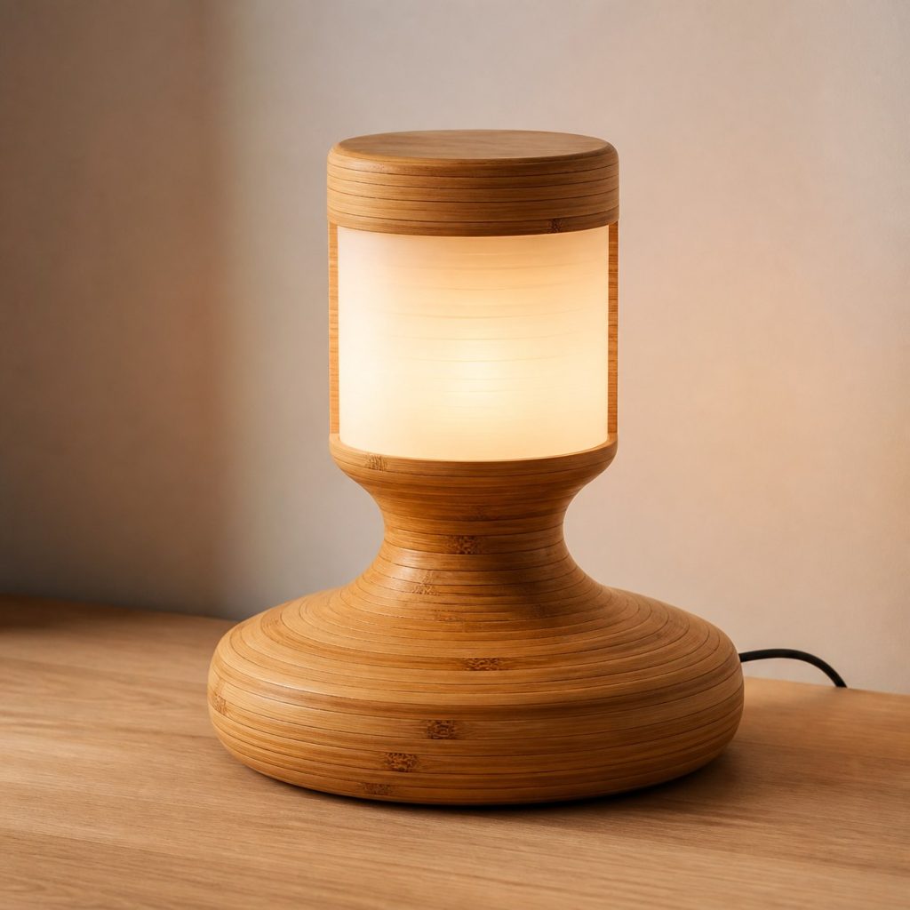 Laminated Bamboo Turned Bedside Lamp shown as an original square photorealistic laminated bamboo lamp with authentic grain, warm diffused light, and a short dark power cord