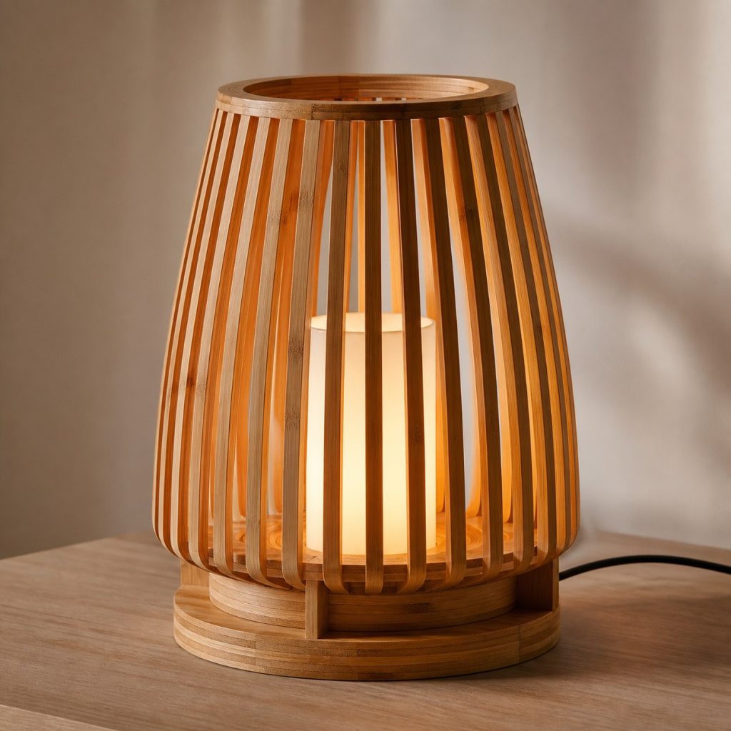 Laminated Bamboo Slatted Lantern Lamp shown as an original square photorealistic laminated bamboo lamp with authentic grain, warm diffused light, and a short dark power cord