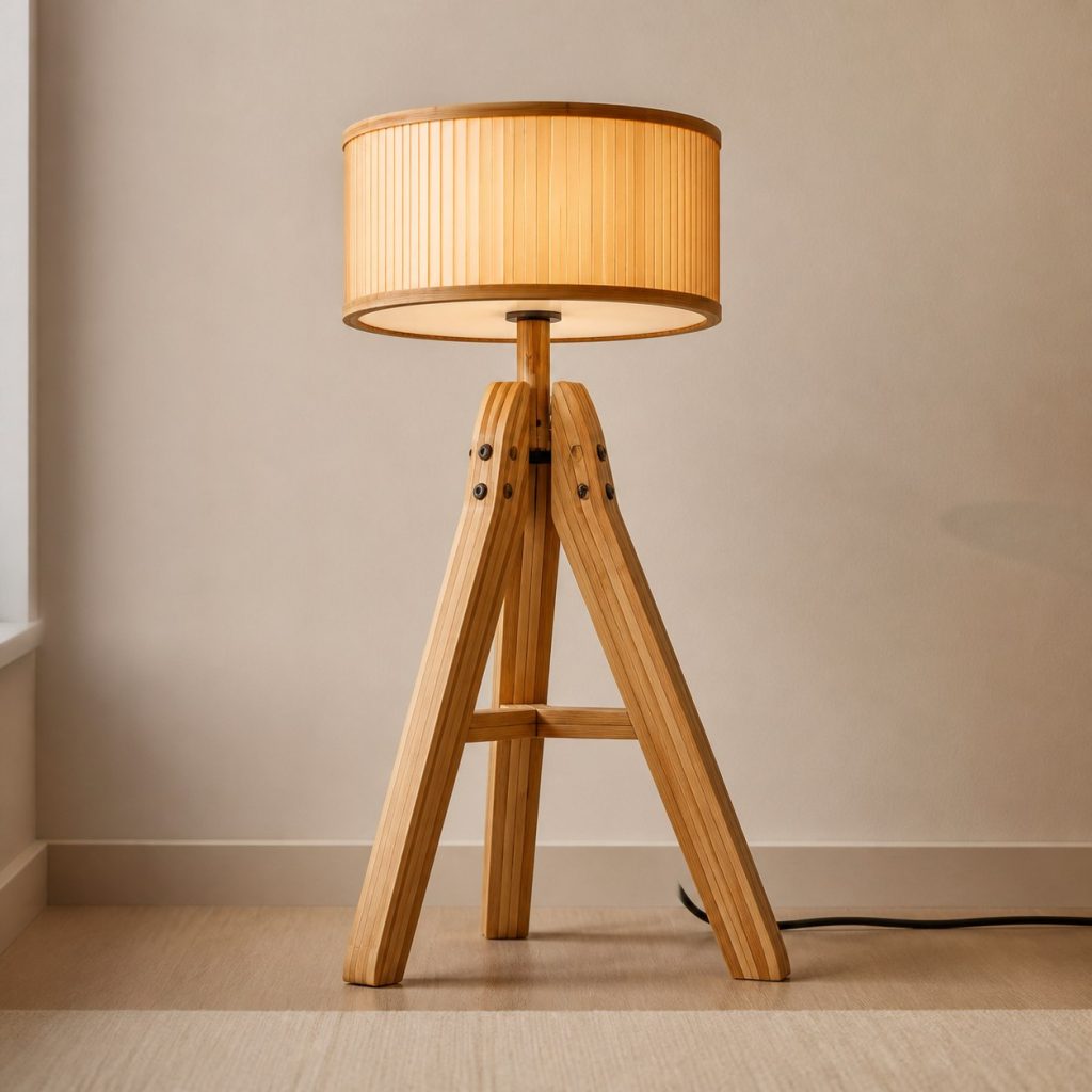 Laminated Bamboo Tripod Reading Lamp shown as an original square photorealistic laminated bamboo lamp with authentic grain, warm diffused light, and a short dark power cord