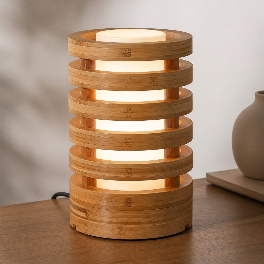 Laminated Bamboo Stacked Ring Lamp shown as an original square photorealistic laminated bamboo lamp with authentic grain, warm diffused light, and a short dark power cord