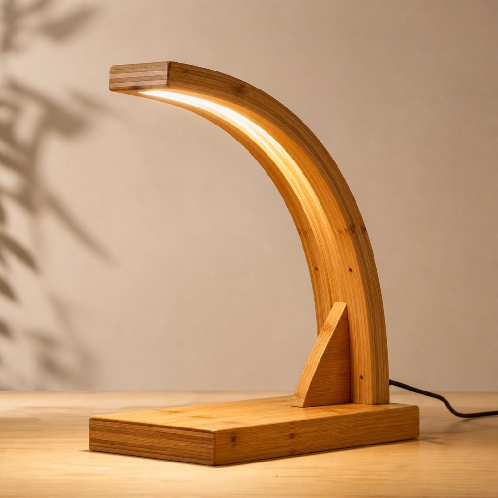 Laminated Bamboo Laminated Arch Lamp shown as an original square photorealistic laminated bamboo lamp with authentic grain, warm diffused light, and a short dark power cord