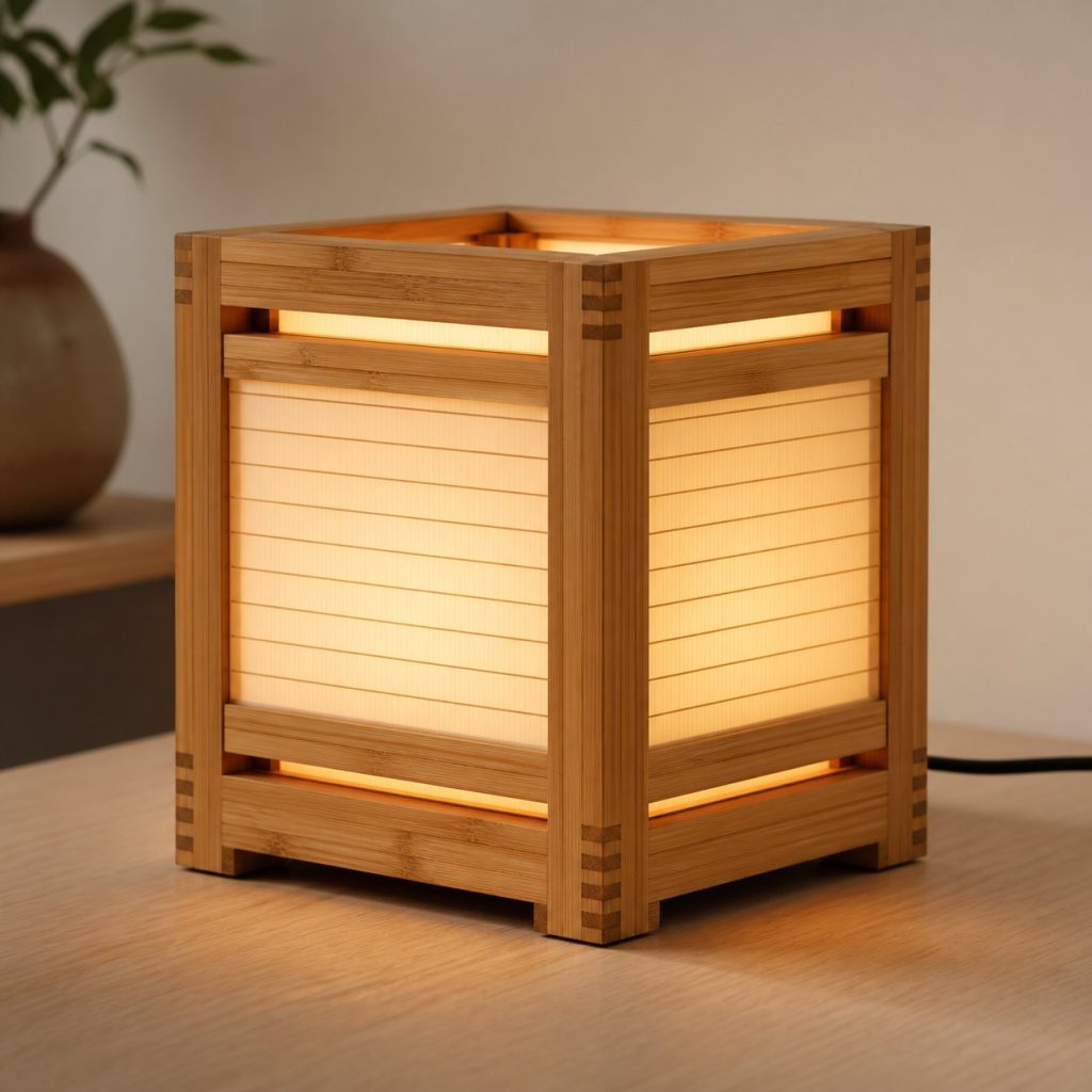 Laminated Bamboo Box-Jointed Cube Lamp shown as an original square photorealistic laminated bamboo lamp with authentic grain, warm diffused light, and a short dark power cord