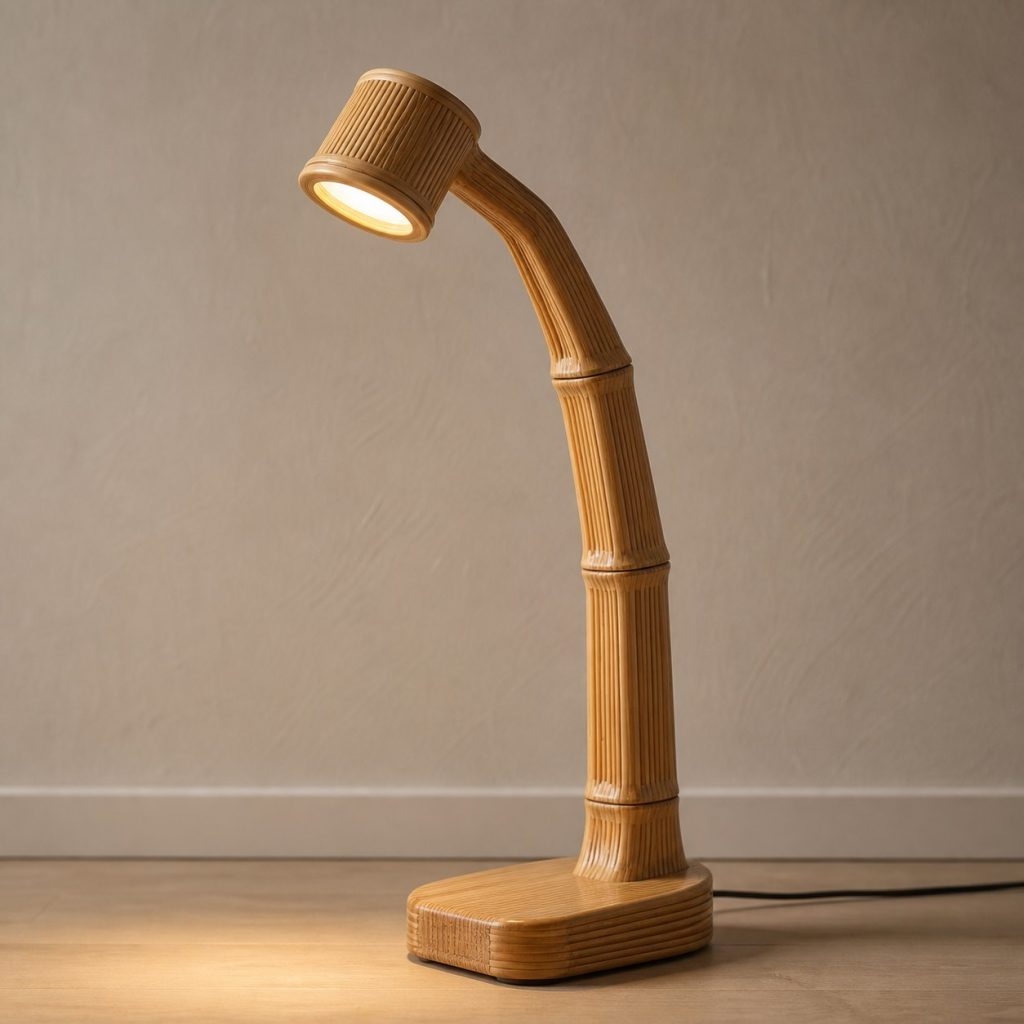 Laminated Bamboo Branch Reading Lamp shown as an original square photorealistic laminated bamboo lamp with authentic grain, warm diffused light, and a short dark power cord