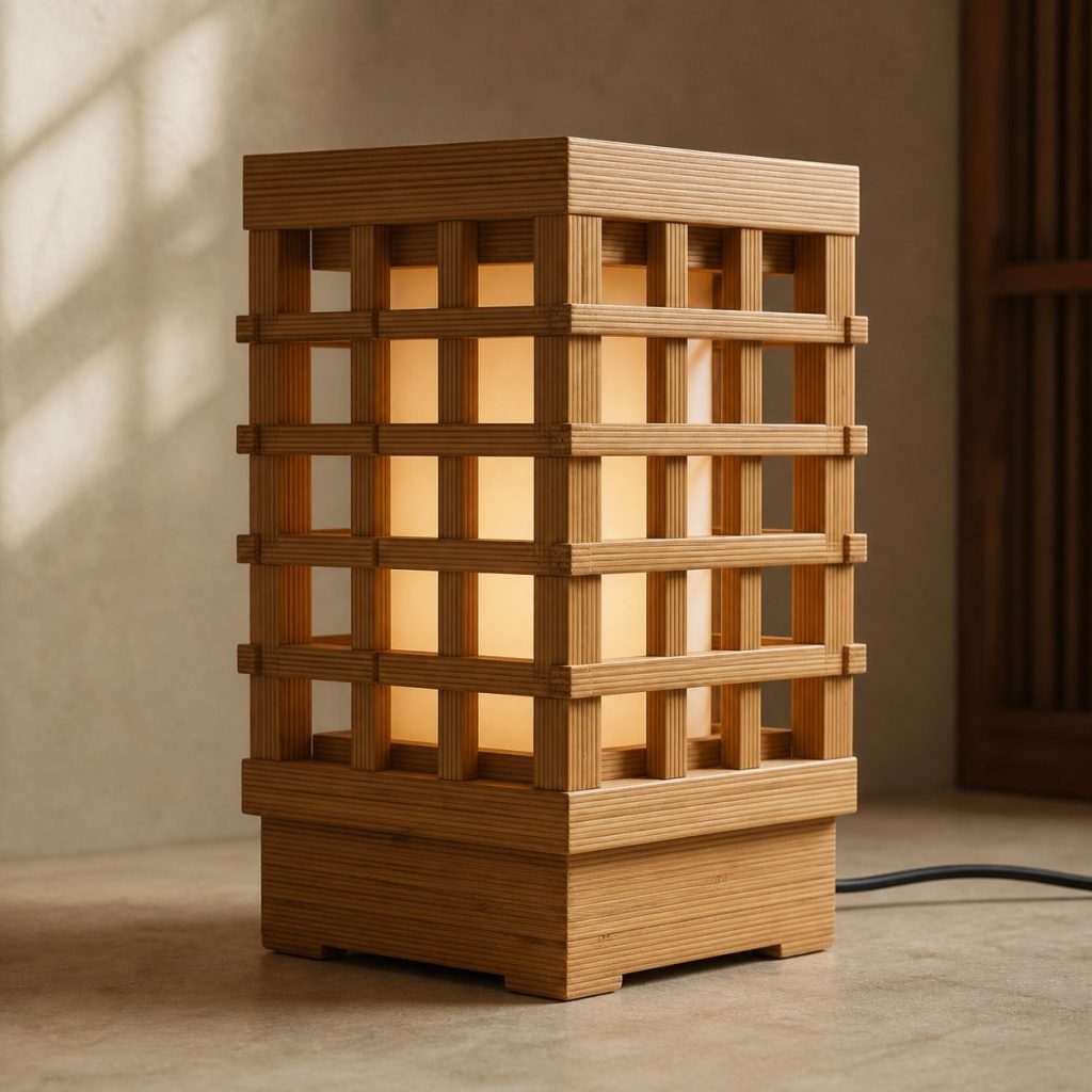 Laminated Bamboo Lattice Lamp shown as an original square photorealistic laminated bamboo lamp with authentic grain, warm diffused light, and a short dark power cord