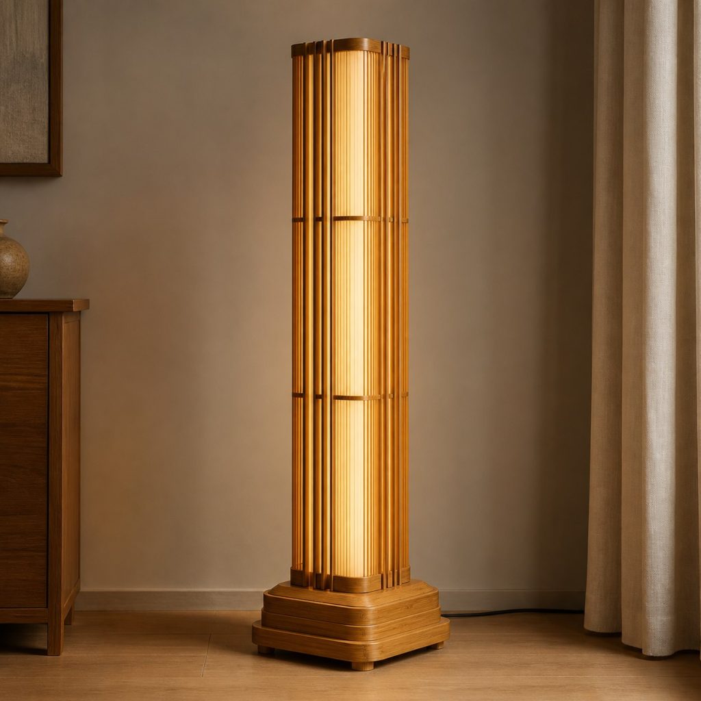 Laminated Bamboo Column Floor Lamp shown as an original square photorealistic laminated bamboo lamp with authentic grain, warm diffused light, and a short dark power cord