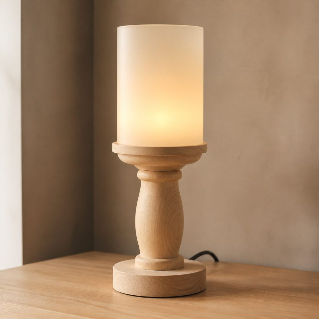 Basswood Turned Bedside Lamp shown as an original square photorealistic basswood lamp with authentic grain, warm diffused light, and a short dark power cord
