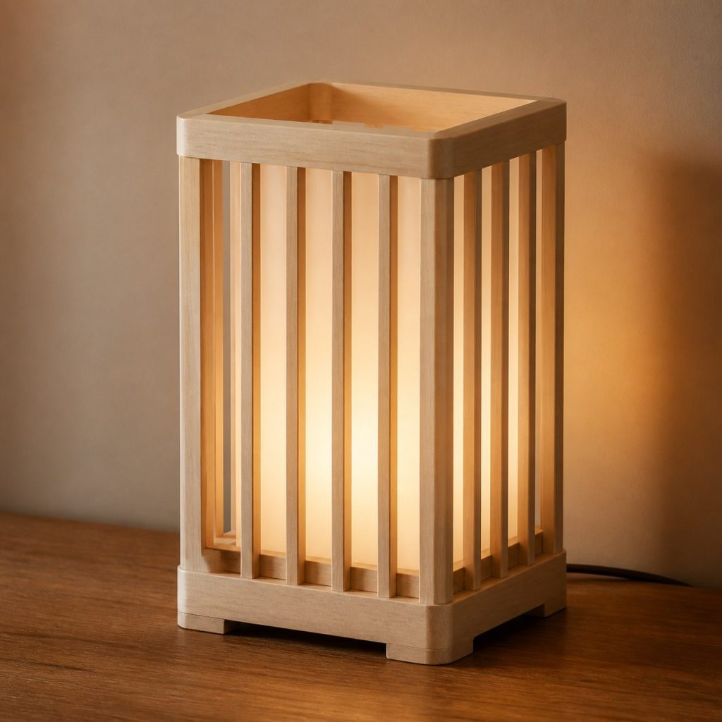 Basswood Slatted Lantern Lamp shown as an original square photorealistic basswood lamp with authentic grain, warm diffused light, and a short dark power cord