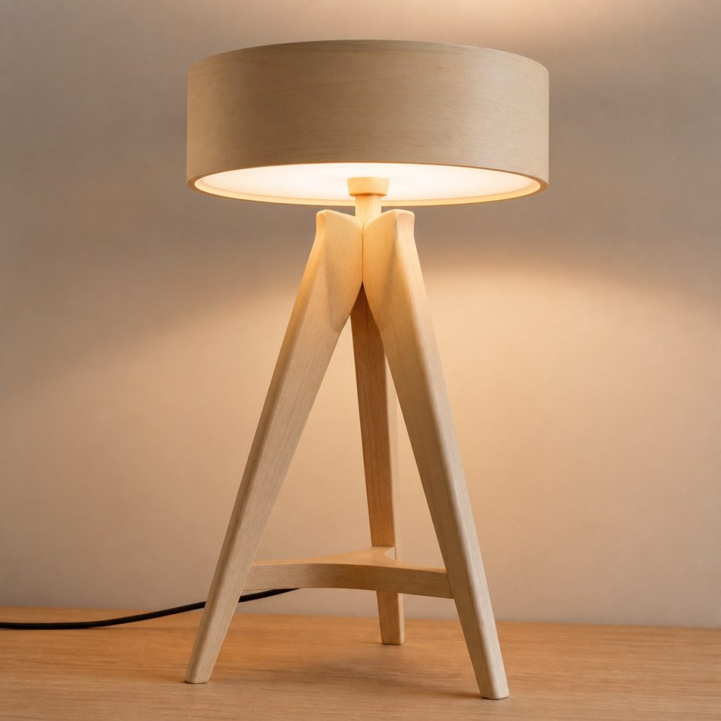 Basswood Tripod Reading Lamp shown as an original square photorealistic basswood lamp with authentic grain, warm diffused light, and a short dark power cord