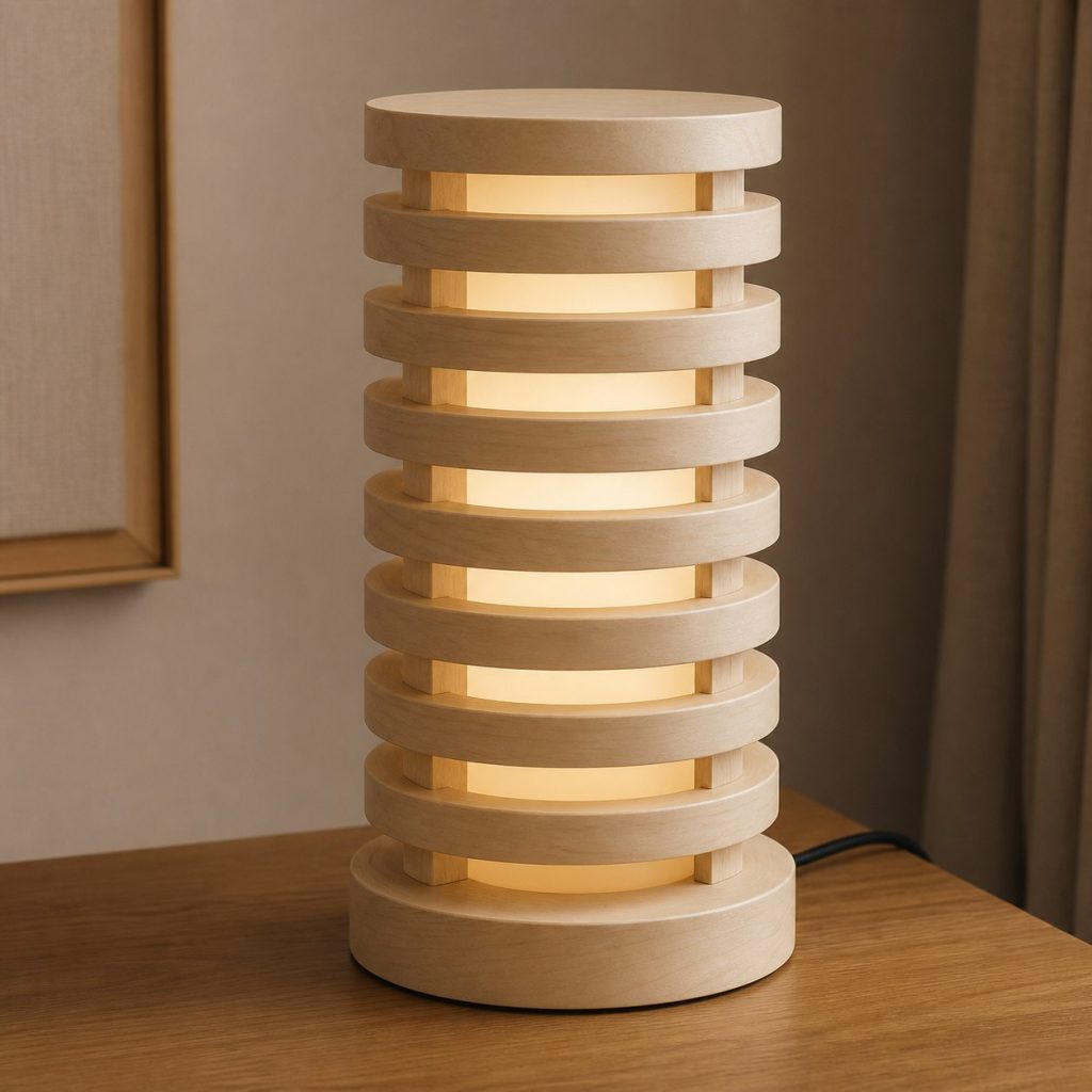 Basswood Stacked Ring Lamp shown as an original square photorealistic basswood lamp with authentic grain, warm diffused light, and a short dark power cord