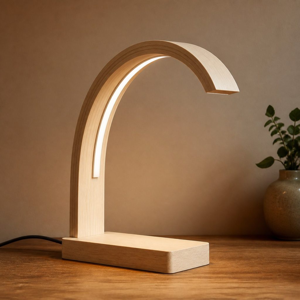 Basswood Laminated Arch Lamp shown as an original square photorealistic basswood lamp with authentic grain, warm diffused light, and a short dark power cord