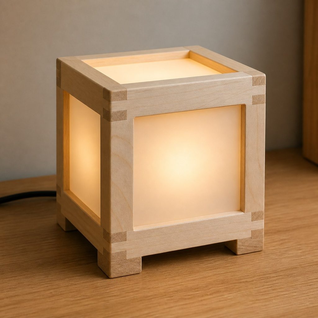 Basswood Box-Jointed Cube Lamp shown as an original square photorealistic basswood lamp with authentic grain, warm diffused light, and a short dark power cord