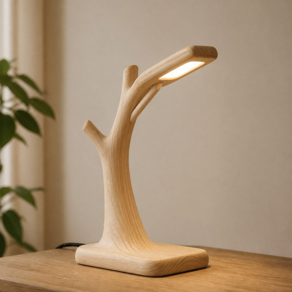 Basswood Branch Reading Lamp shown as an original square photorealistic basswood lamp with authentic grain, warm diffused light, and a short dark power cord