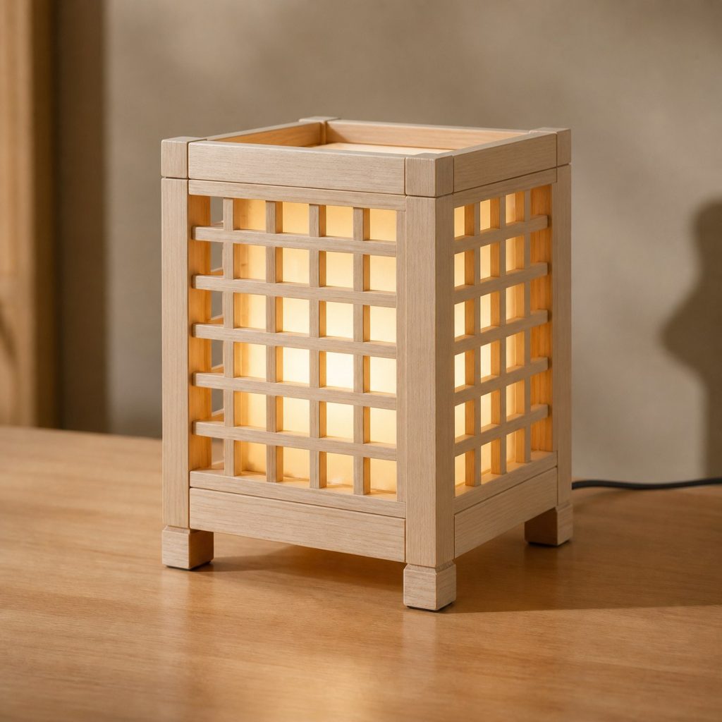 Basswood Lattice Lamp shown as an original square photorealistic basswood lamp with authentic grain, warm diffused light, and a short dark power cord