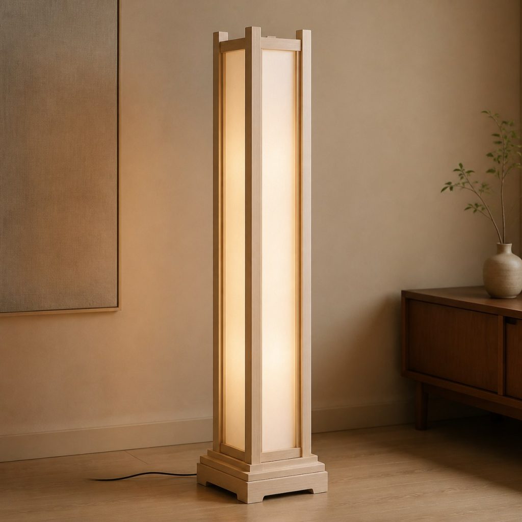 Basswood Column Floor Lamp shown as an original square photorealistic basswood lamp with authentic grain, warm diffused light, and a short dark power cord