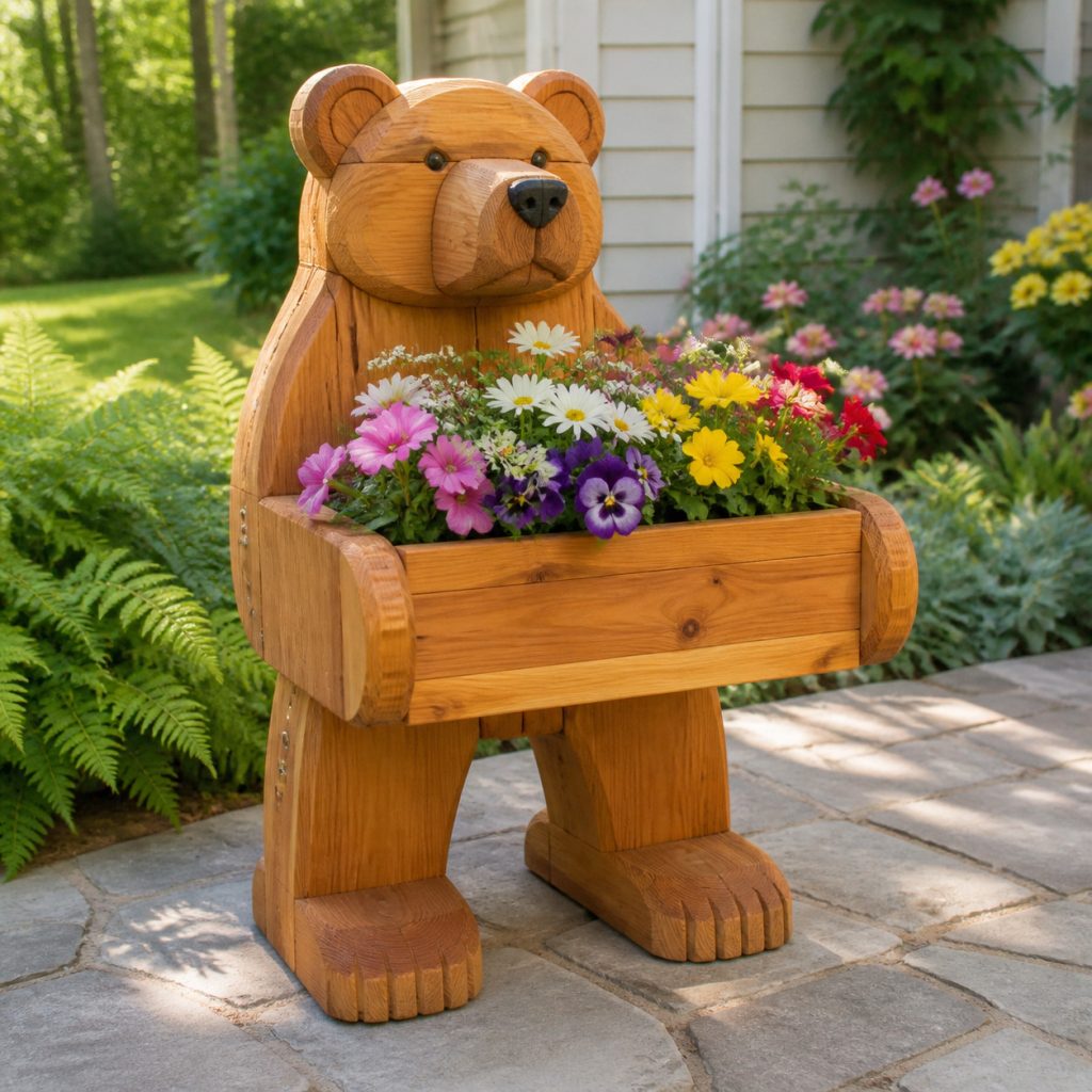 Classic Standing Cedar Bear shown as a square photorealistic cedar garden planter filled with cottage flowers