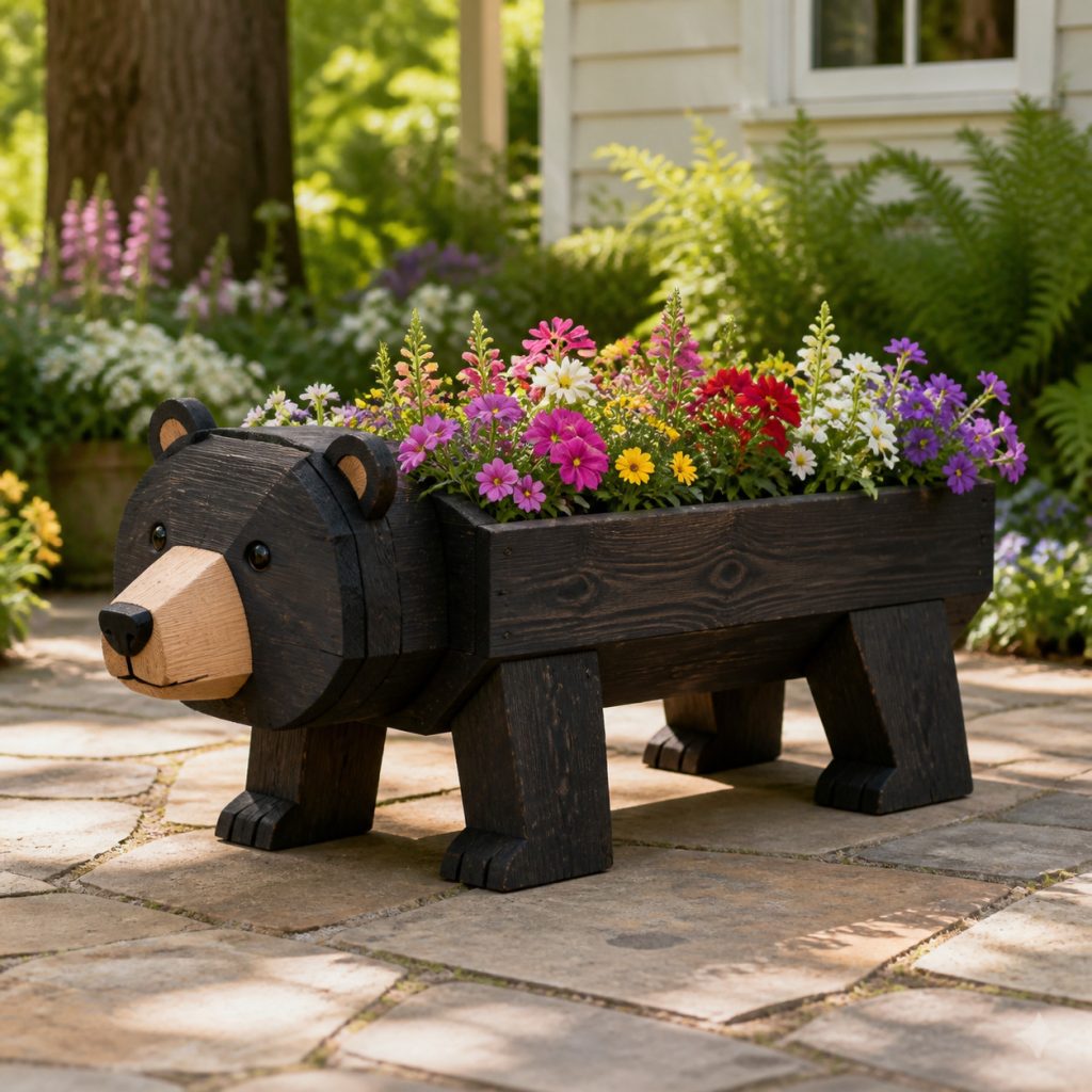 Low Black-Bear Flower Trough shown as a square photorealistic cedar garden planter filled with cottage flowers