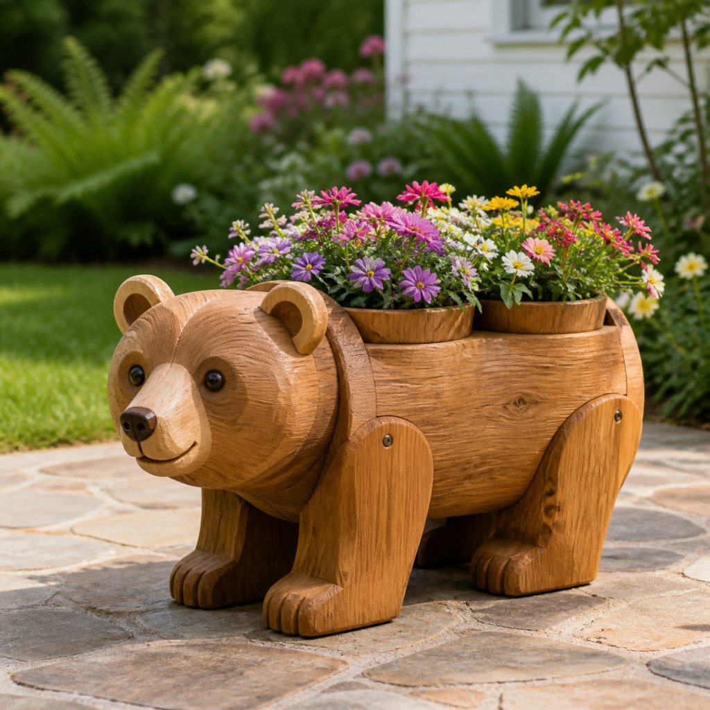 Rounded Bear-Cub Planter shown as a square photorealistic cedar garden planter filled with cottage flowers