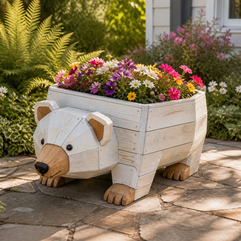 Whitewashed Polar-Bear Planter shown as a square photorealistic cedar garden planter filled with cottage flowers