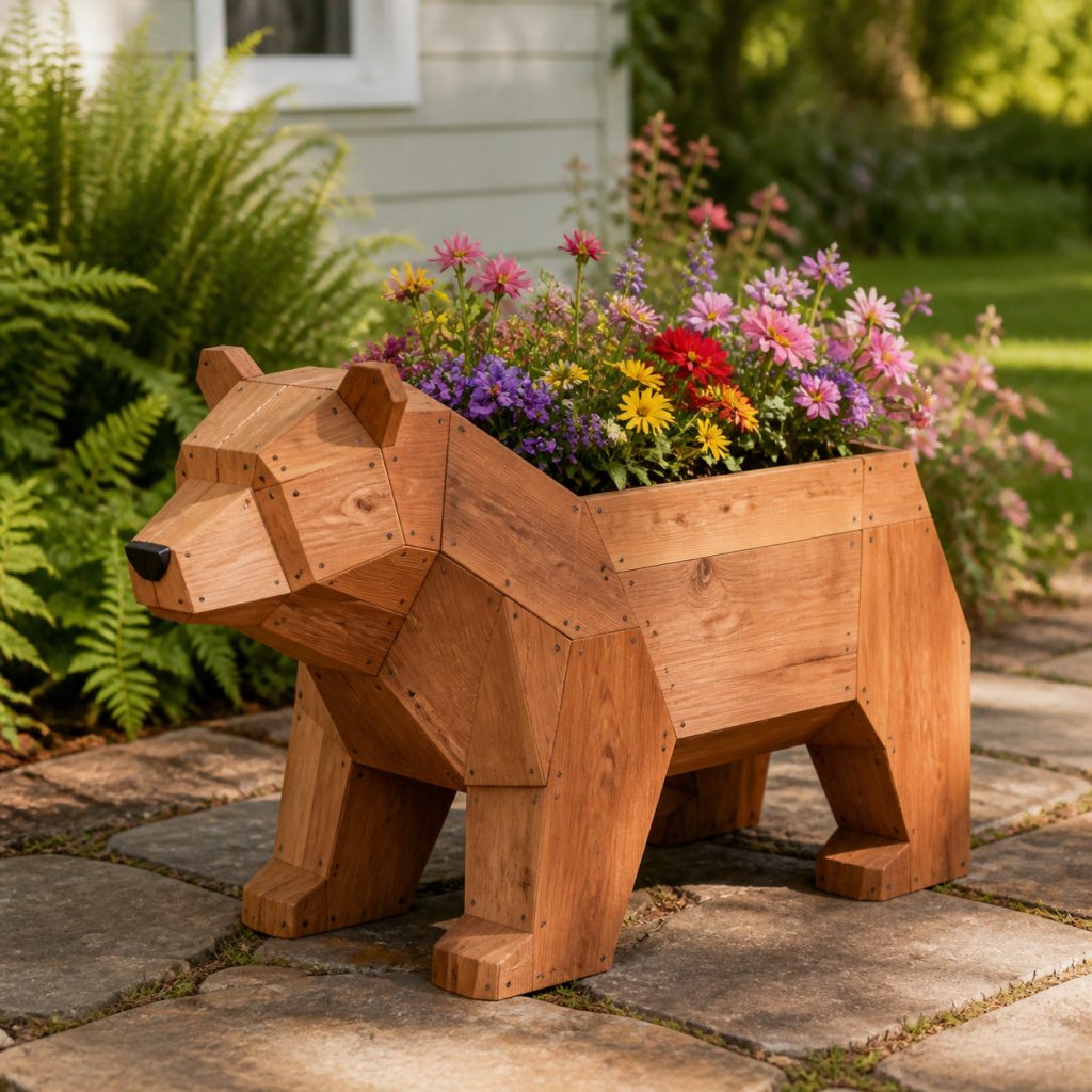 Geometric Woodland Bear shown as a square photorealistic cedar garden planter filled with cottage flowers