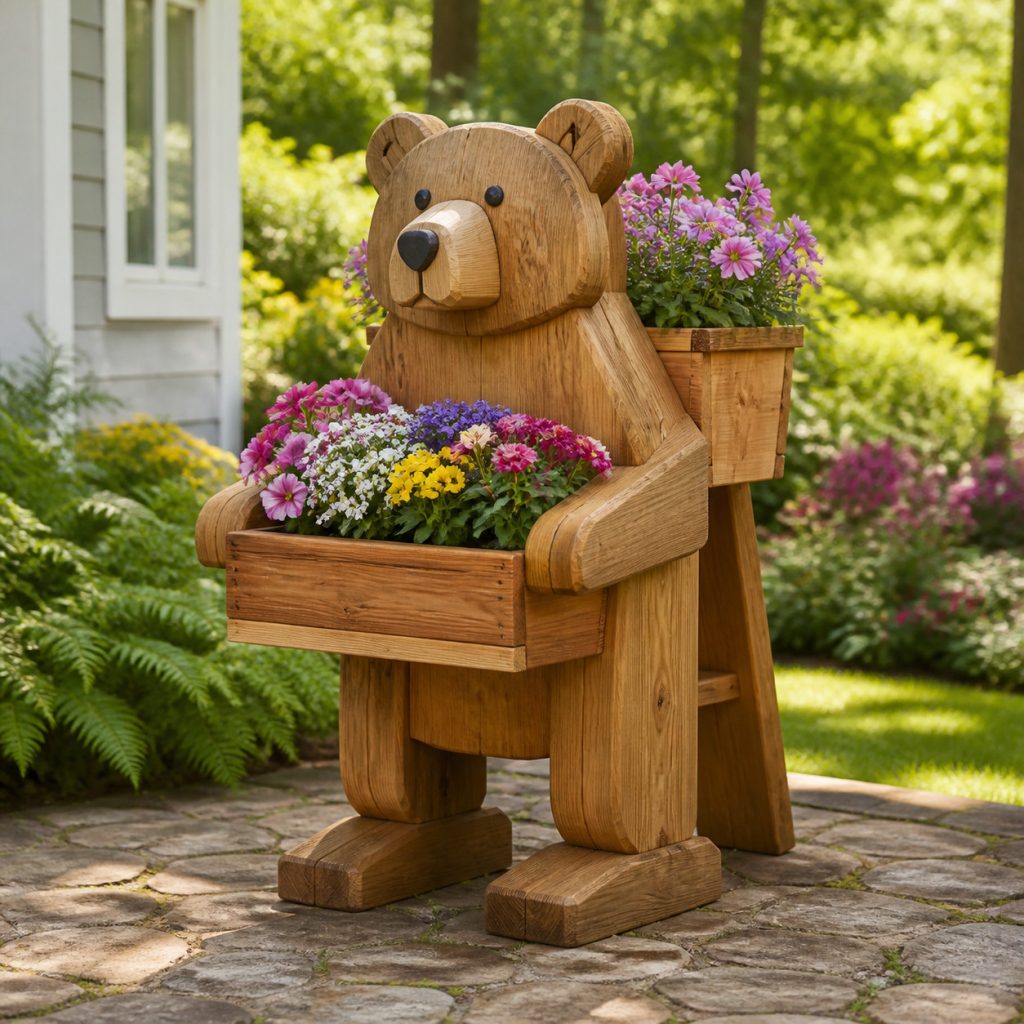 Bear with Front-Paw Pot Shelf shown as a square photorealistic cedar garden planter filled with cottage flowers