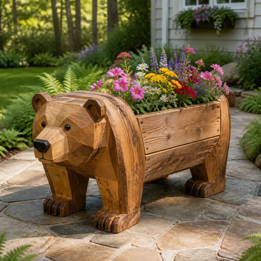 Chunky Rustic Bear Box shown as a square photorealistic cedar garden planter filled with cottage flowers