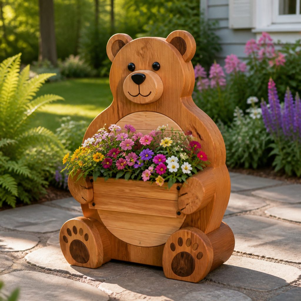 Honey-Brown Cottage Bear shown as a square photorealistic cedar garden planter filled with cottage flowers