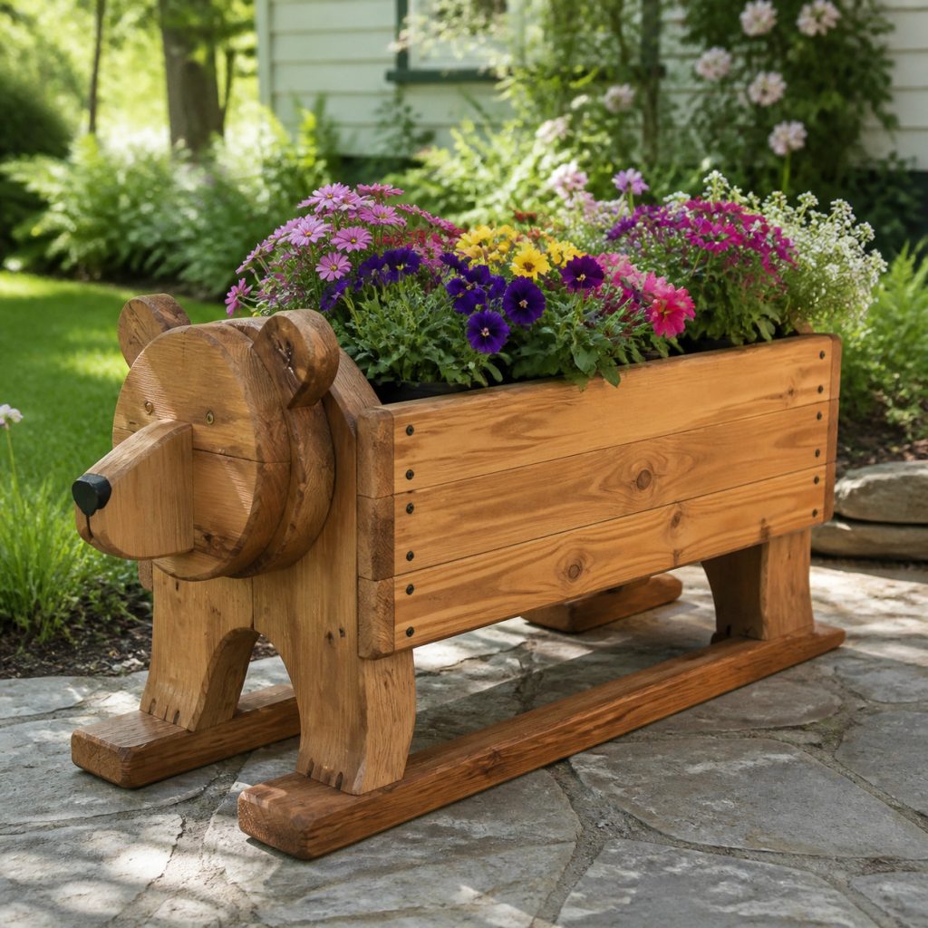 Bear Silhouette on Wide Rails shown as a square photorealistic cedar garden planter filled with cottage flowers