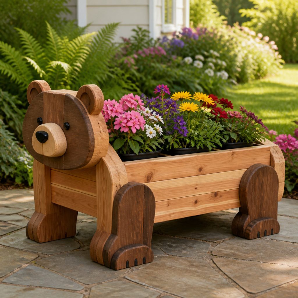Two-Tone Cedar Bear Planter shown as a square photorealistic cedar garden planter filled with cottage flowers