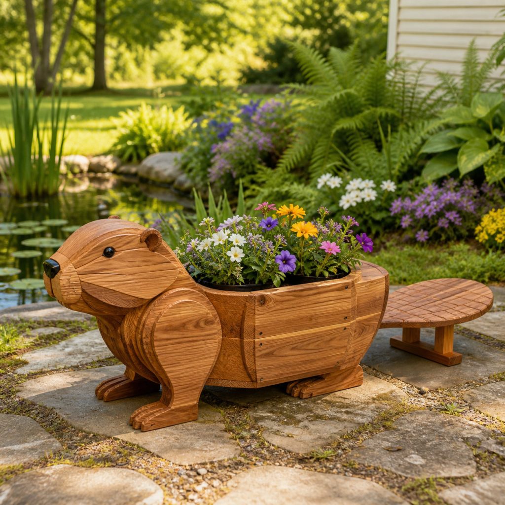 Classic Paddle-Tail Beaver shown as a square photorealistic cedar garden planter filled with cottage flowers
