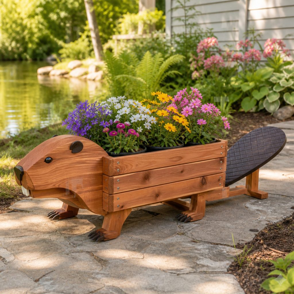 Low Waterside Beaver Trough shown as a square photorealistic cedar garden planter filled with cottage flowers