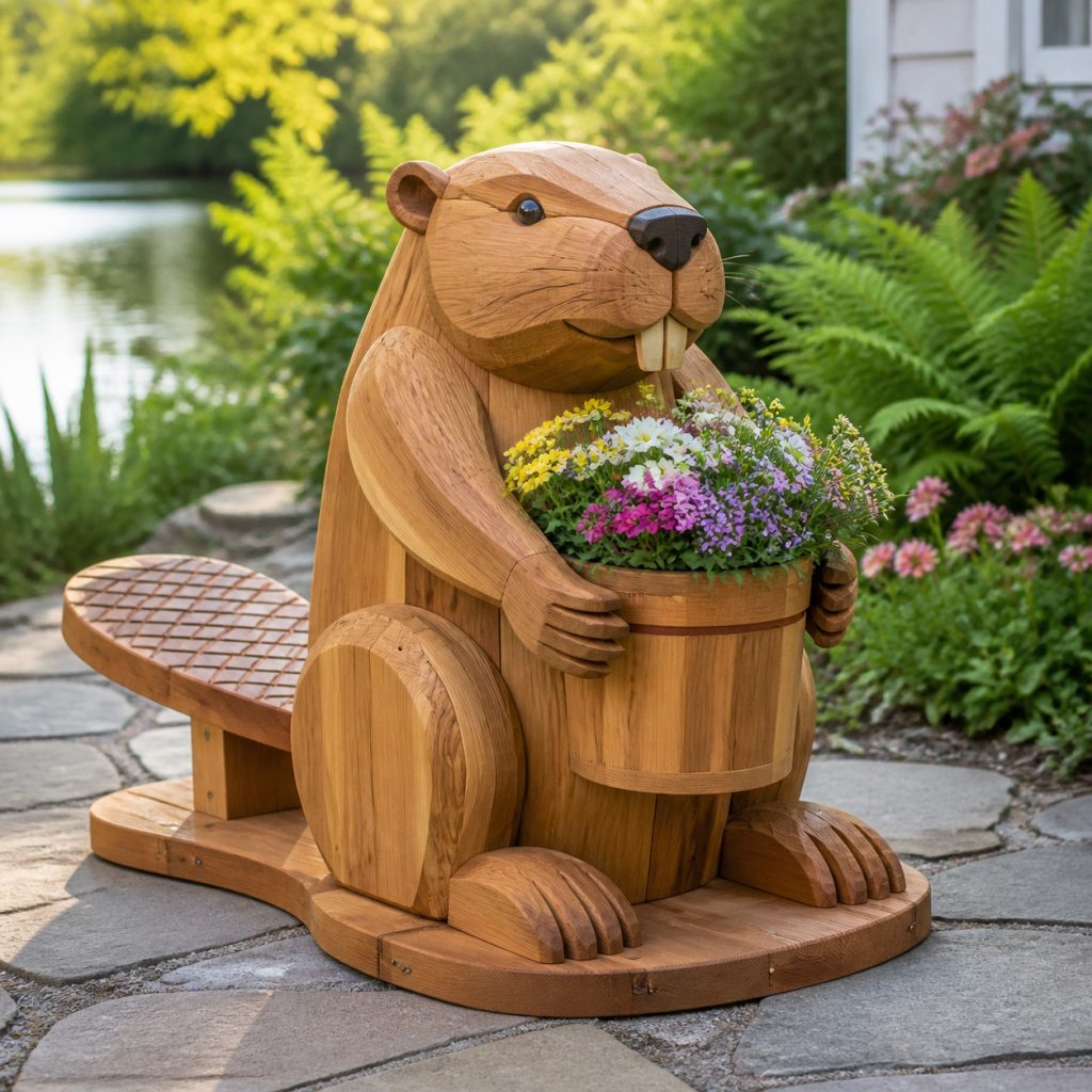 Sitting Beaver Pot Holder shown as a square photorealistic cedar garden planter filled with cottage flowers