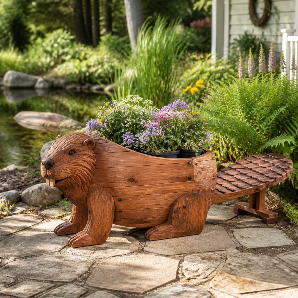 Layered-Tail Cedar Beaver shown as a square photorealistic cedar garden planter filled with cottage flowers