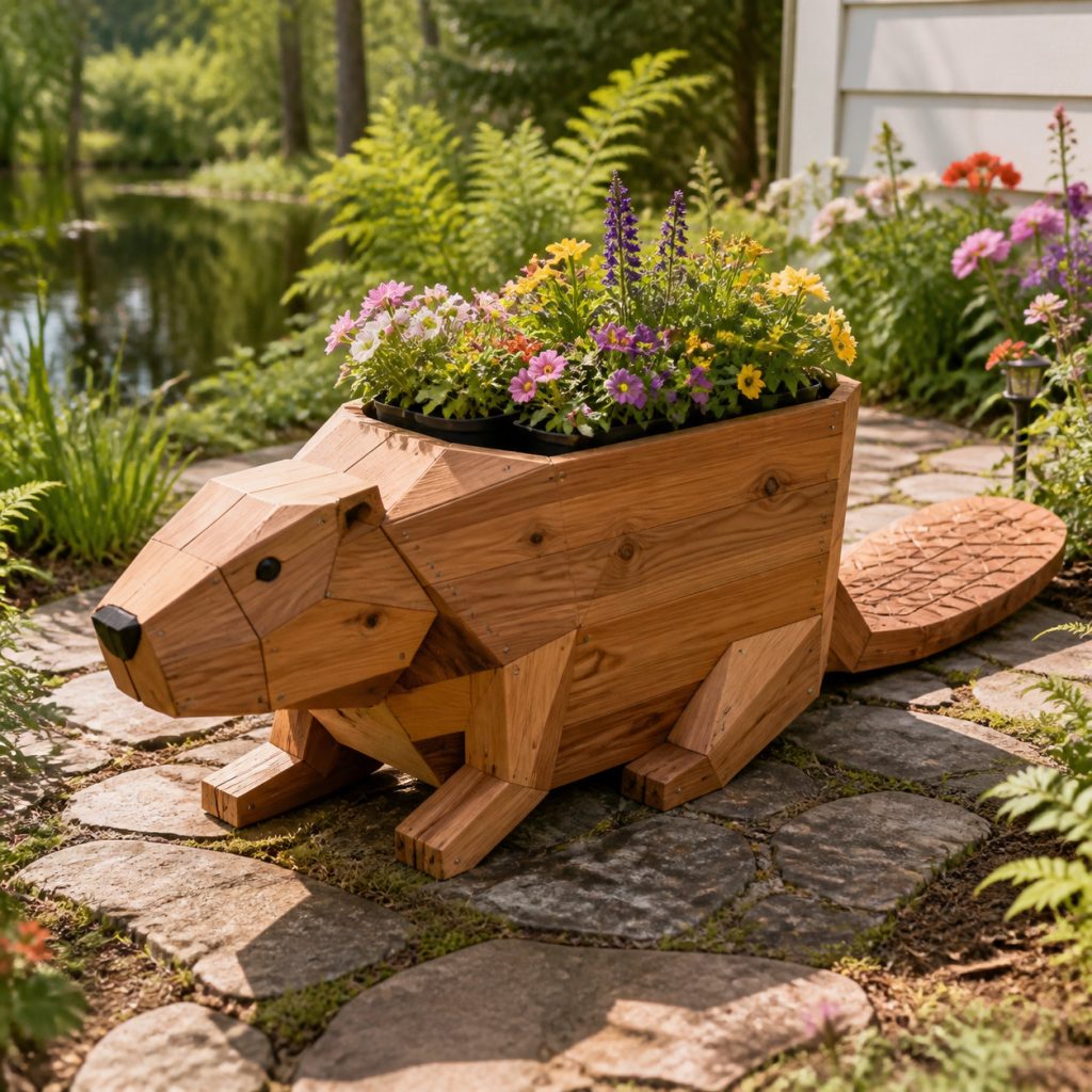 Modern Geometric Beaver shown as a square photorealistic cedar garden planter filled with cottage flowers